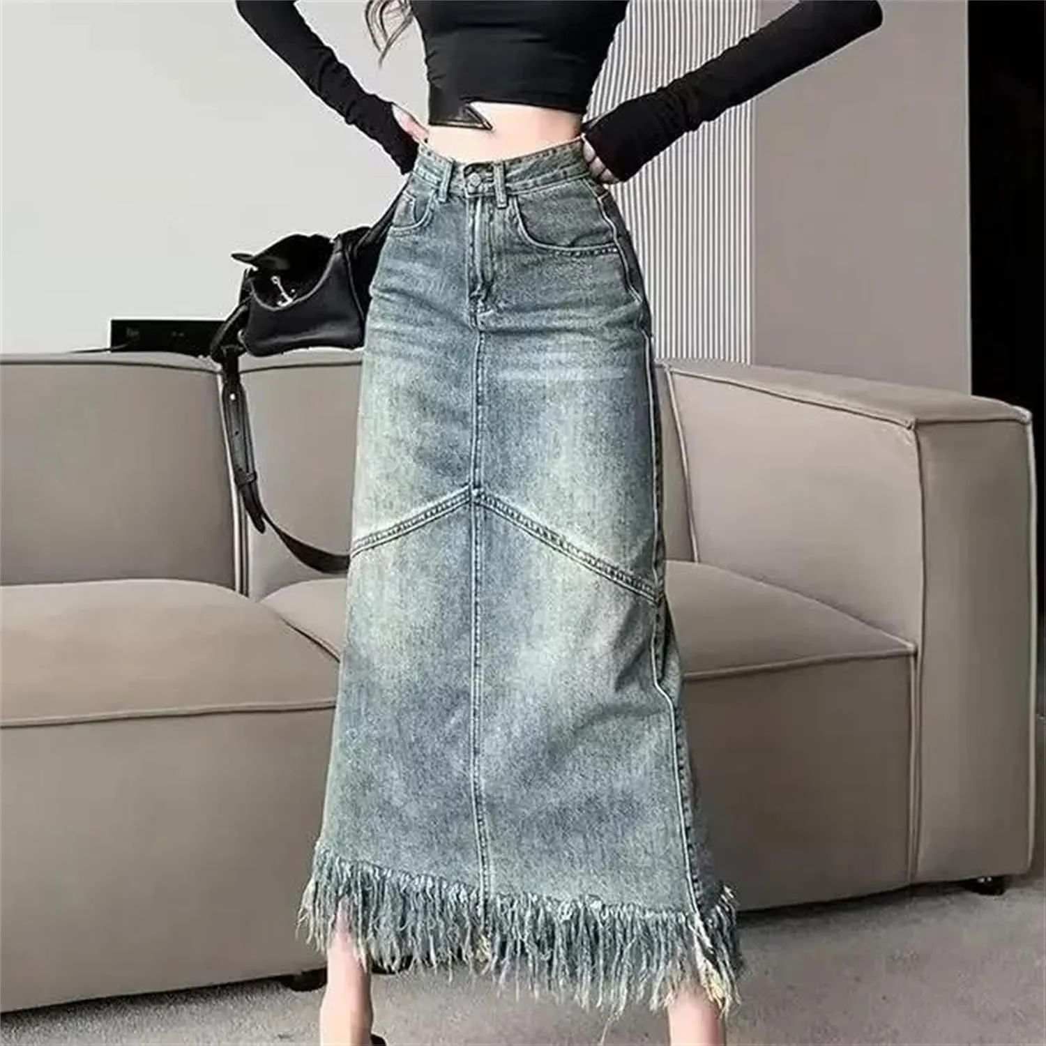 Women's Spring Vintage Sexy High-Waisted Slimming Medium-Length Denim Skirt  Hip-Hugging Long Skirts
