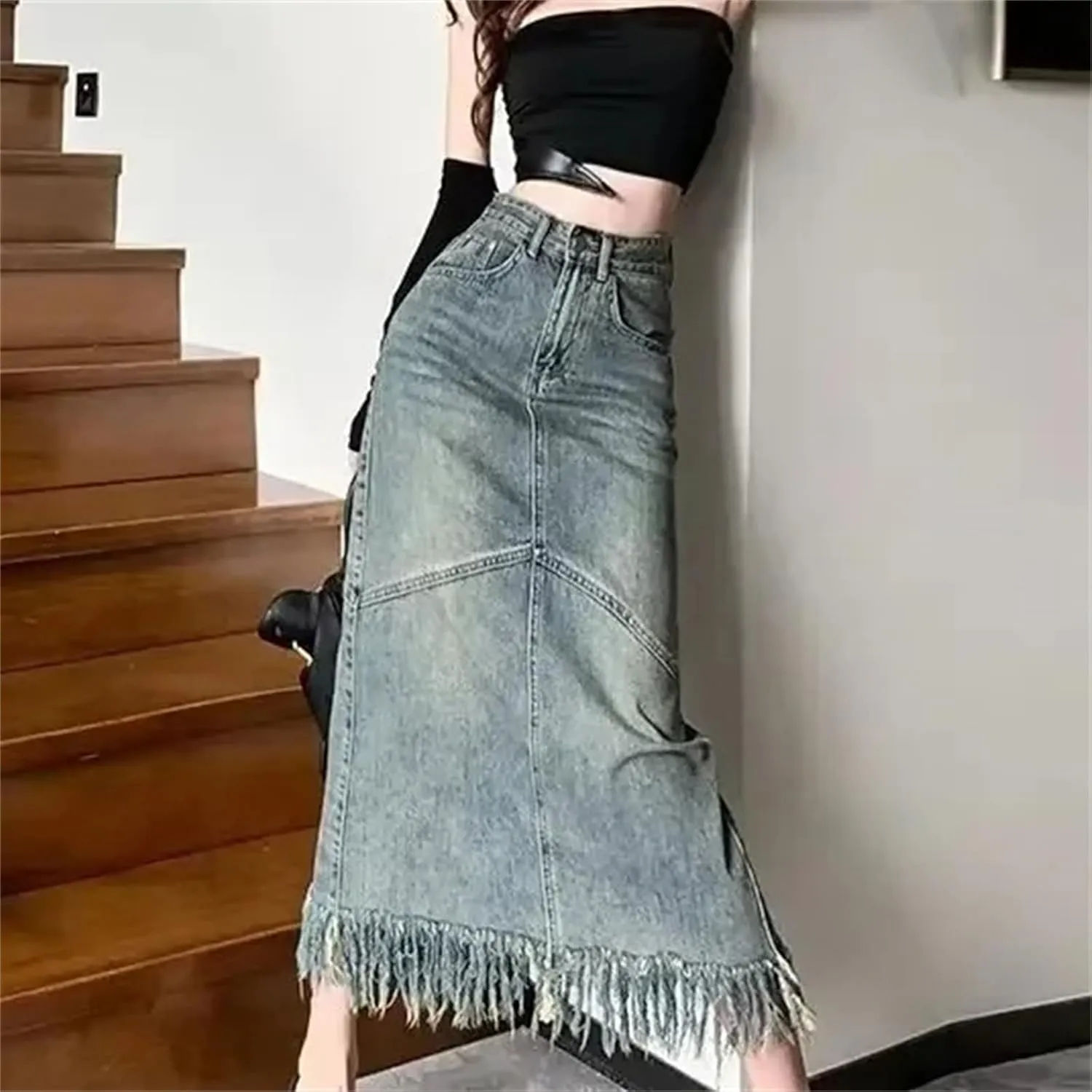 Women's Spring Vintage Sexy High-Waisted Slimming Medium-Length Denim Skirt  Hip-Hugging Long Skirts