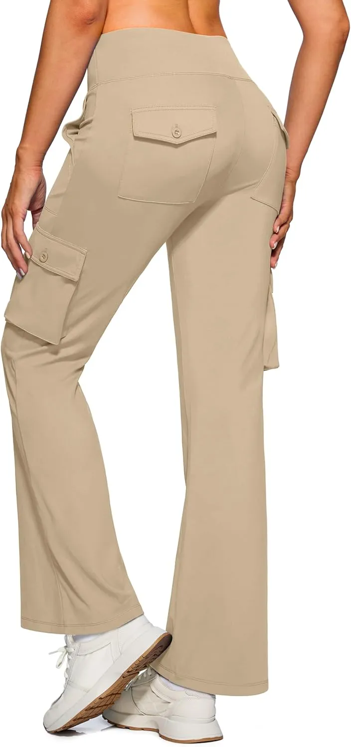 Women's Stretchy Cargo Pants 6 Pockets High Waist Bootcut Flare Leggings for Casual, Work, Travel, Athletic