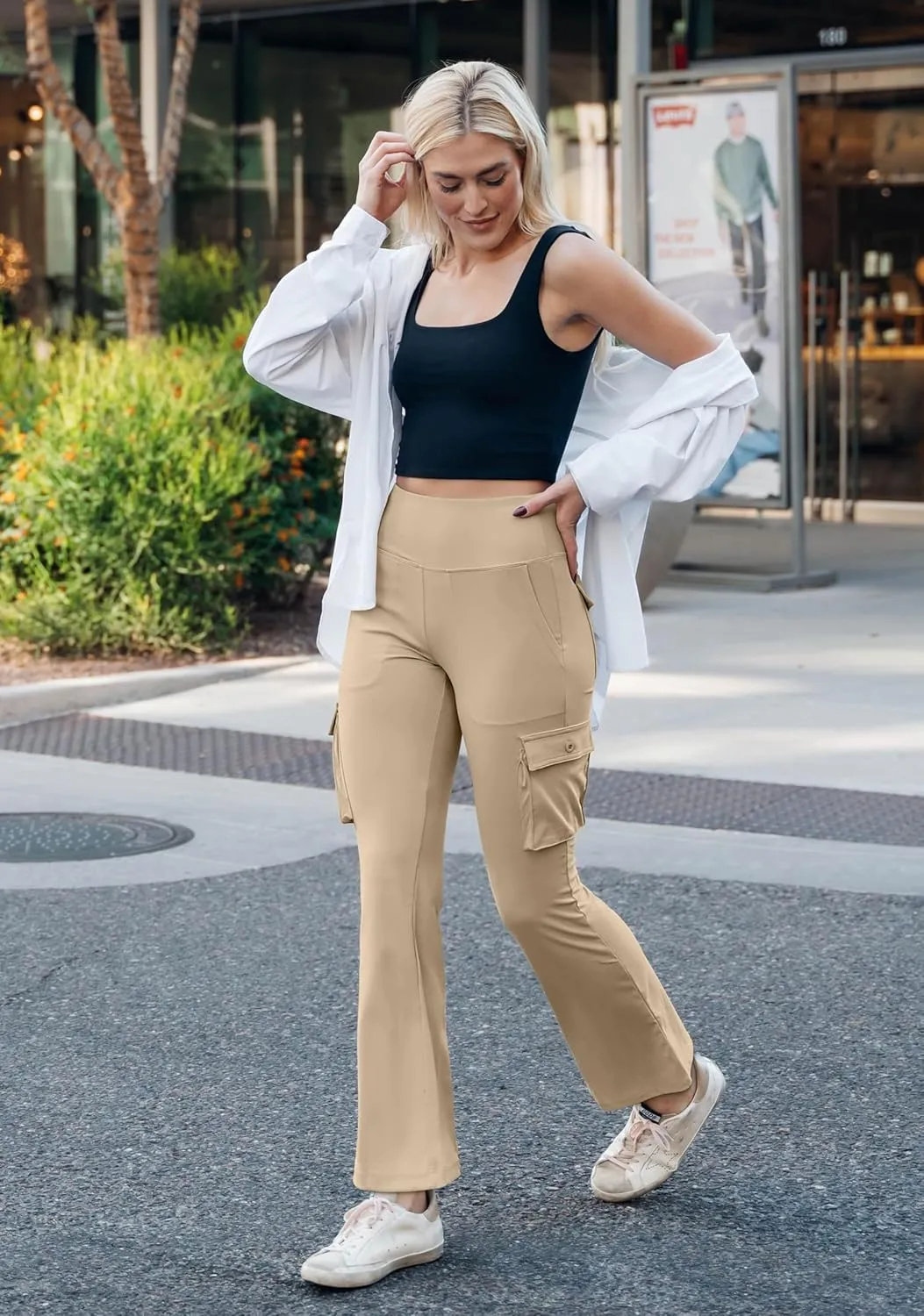 Women's Stretchy Cargo Pants 6 Pockets High Waist Bootcut Flare Leggings for Casual, Work, Travel, Athletic