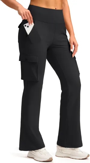 Women's Stretchy Cargo Pants 6 Pockets High Waist Bootcut Flare Leggings for Casual, Work, Travel, Athletic