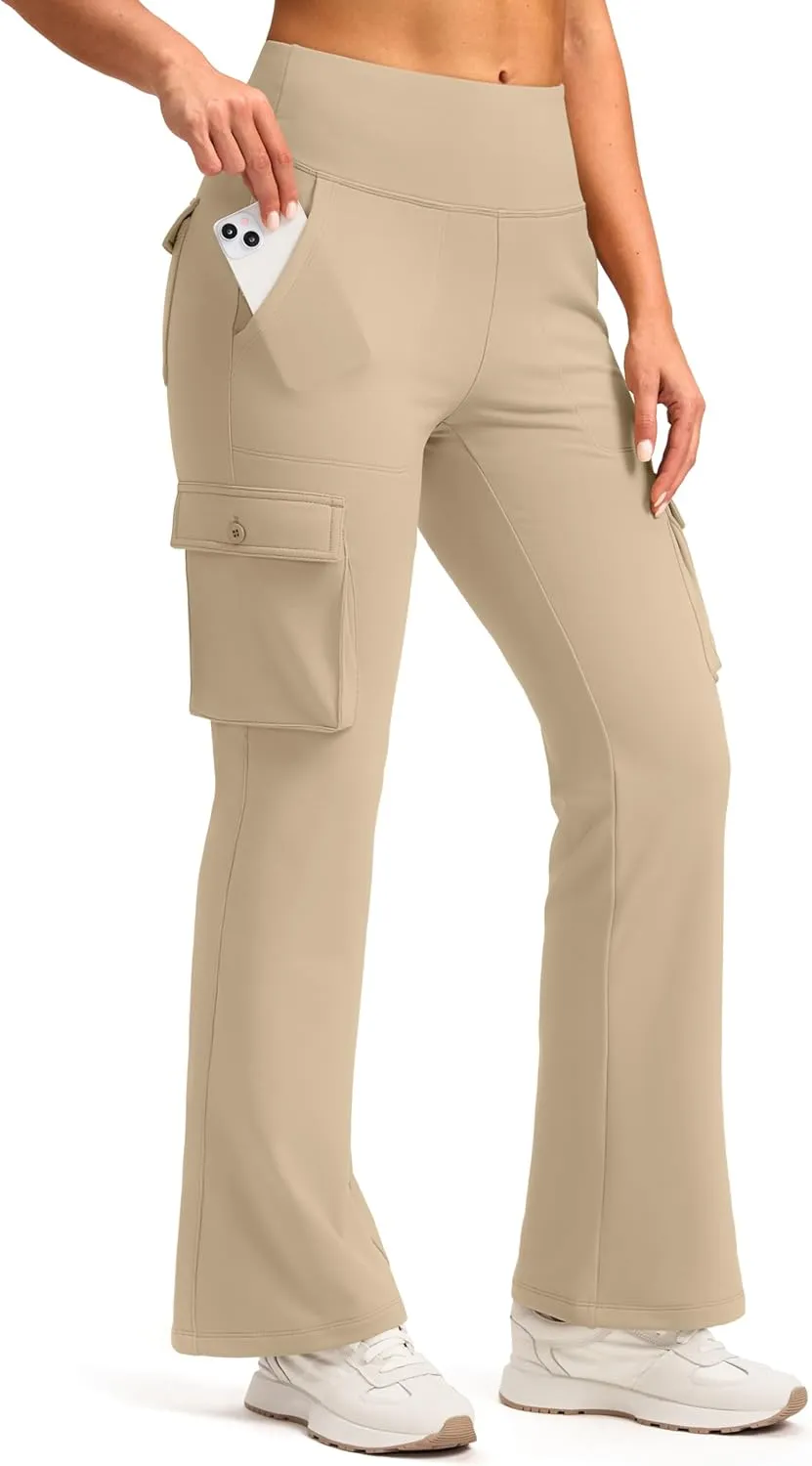 Women's Stretchy Cargo Pants 6 Pockets High Waist Bootcut Flare Leggings for Casual, Work, Travel, Athletic