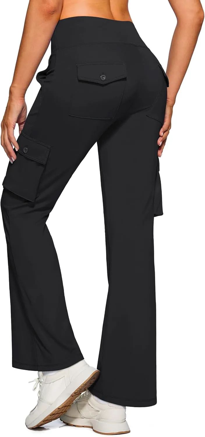 Women's Stretchy Cargo Pants 6 Pockets High Waist Bootcut Flare Leggings for Casual, Work, Travel, Athletic