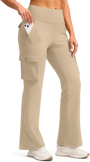 Women's Stretchy Cargo Pants 6 Pockets High Waist Bootcut Flare Leggings for Casual, Work, Travel, Athletic