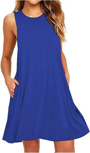 Women's Summer Dresses Beach Vacation Sleeveless Sundress Casual Round Neck A Line Mini Dress with Side Pockets