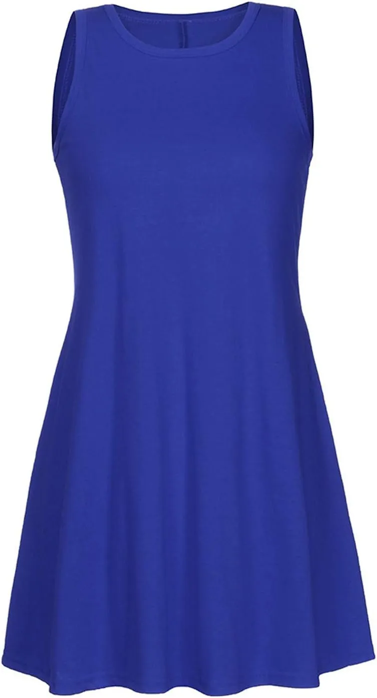 Women's Summer Dresses Beach Vacation Sleeveless Sundress Casual Round Neck A Line Mini Dress with Side Pockets