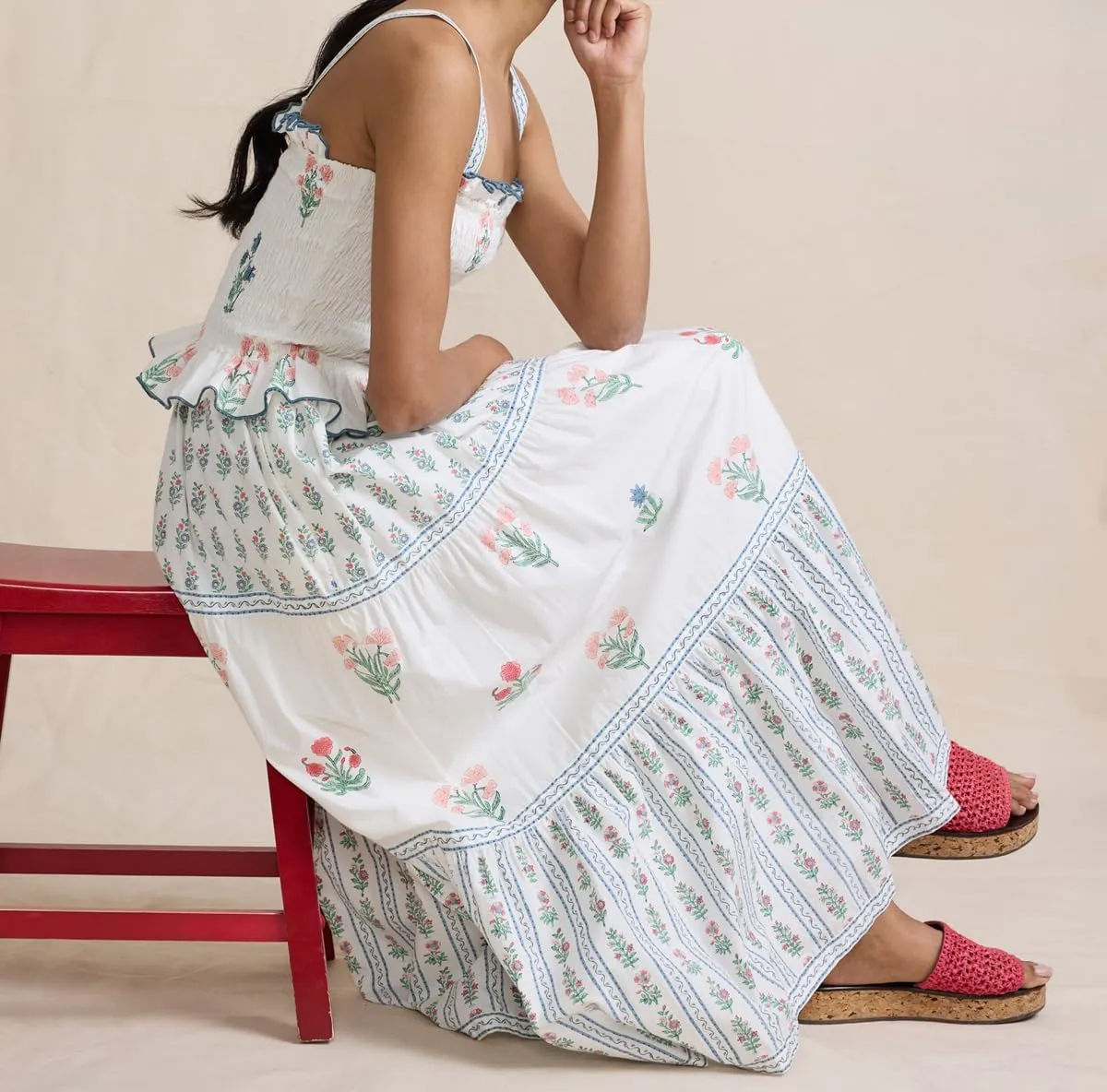 Womens Summer Maxi Dress Floral Sleeveless Smocked Maxi Dress Boho Spaghetti Strap A-Line Flowy Beach Long Sundress