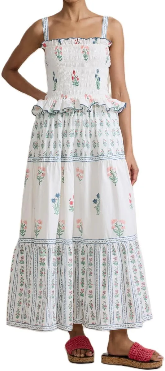 Womens Summer Maxi Dress Floral Sleeveless Smocked Maxi Dress Boho Spaghetti Strap A-Line Flowy Beach Long Sundress