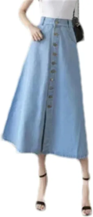 Women's Summer Medium-Length Single-Breasted Denim High-Waisted A-Line Skirt  Umbrella Skirt Long Jean Maxi Skirt