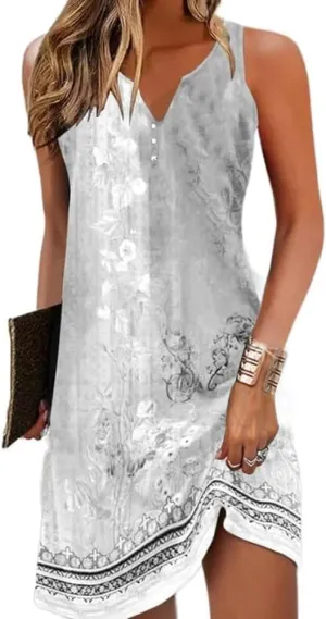 Womens Summer Tank Dress 2024 Casual Button Down V Neck Sleeveless Beach Boho Dresses Sundress A-Line Flowy
