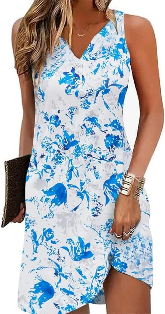 Womens Summer Tank Dress 2024 Casual Button Down V Neck Sleeveless Beach Boho Dresses Sundress A-Line Flowy