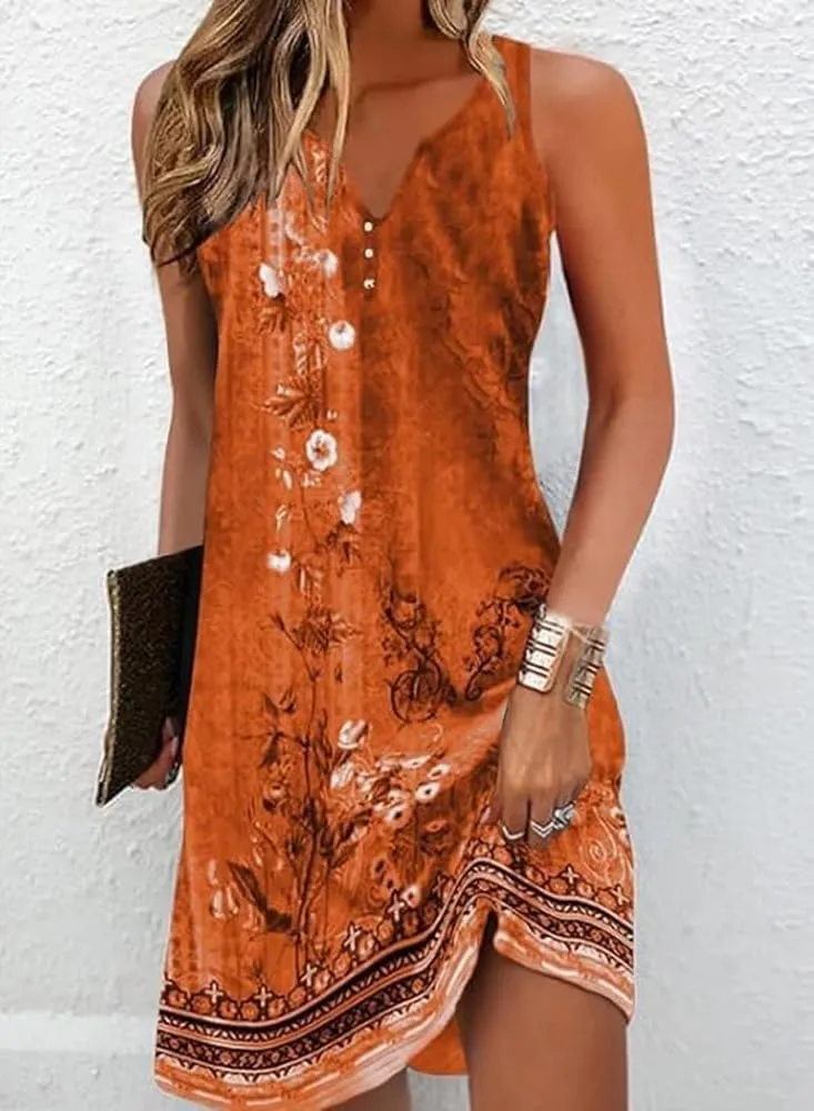Womens Summer Tank Dress 2024 Casual Button Down V Neck Sleeveless Beach Boho Dresses Sundress A-Line Flowy