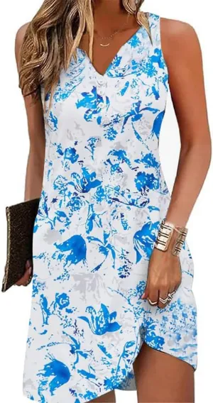 Womens Summer Tank Dress 2024 Casual Button Down V Neck Sleeveless Beach Boho Dresses Sundress A-Line Flowy