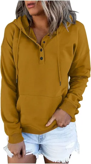 Womens Tops Long Sleeve Button V Neck Hoodies Dressy Casual Hooded Sweatshirt Loose Fit Party Shirts with Pockets
