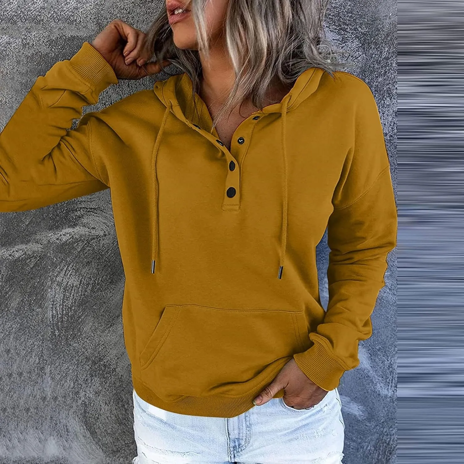 Womens Tops Long Sleeve Button V Neck Hoodies Dressy Casual Hooded Sweatshirt Loose Fit Party Shirts with Pockets