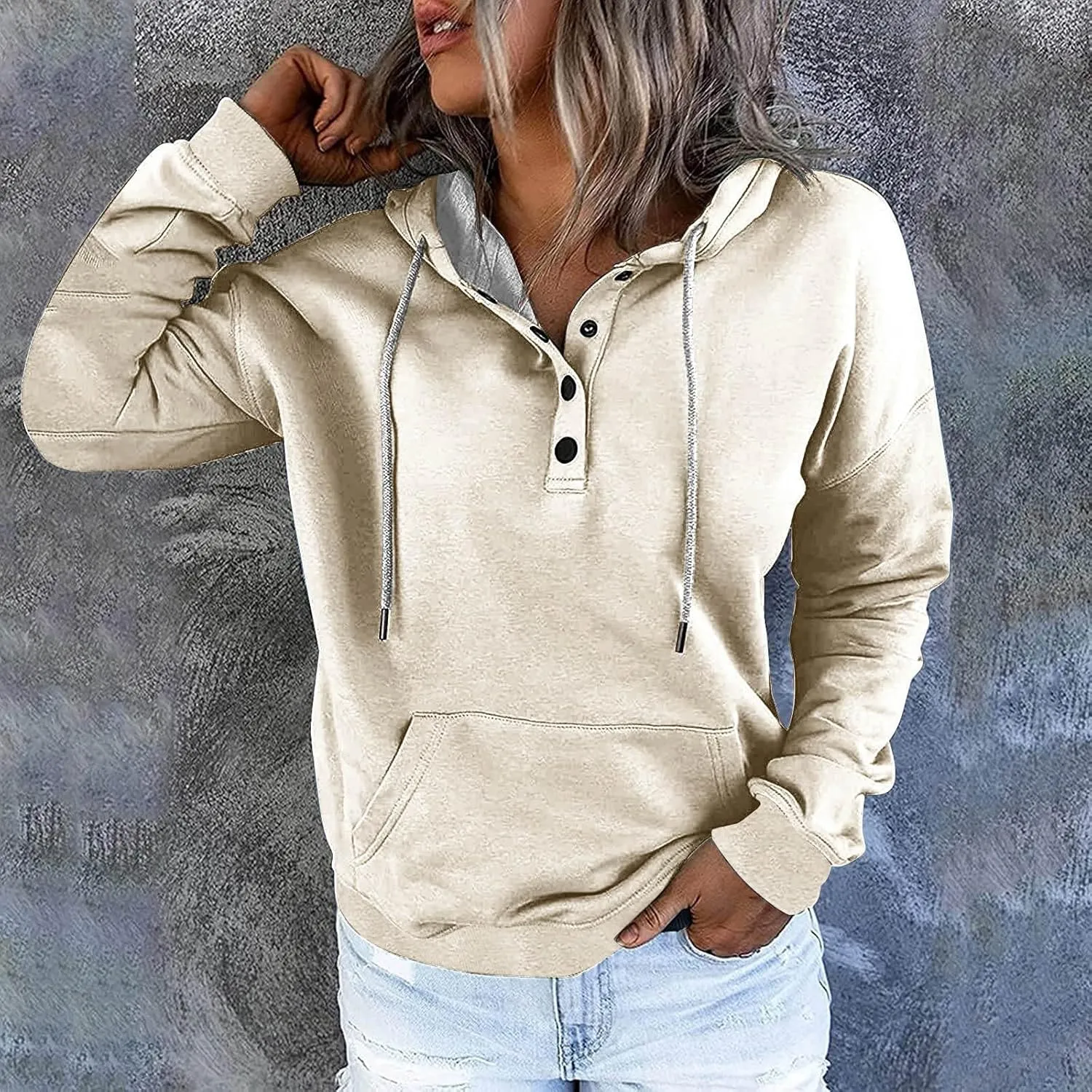 Womens Tops Long Sleeve Button V Neck Hoodies Dressy Casual Hooded Sweatshirt Loose Fit Party Shirts with Pockets