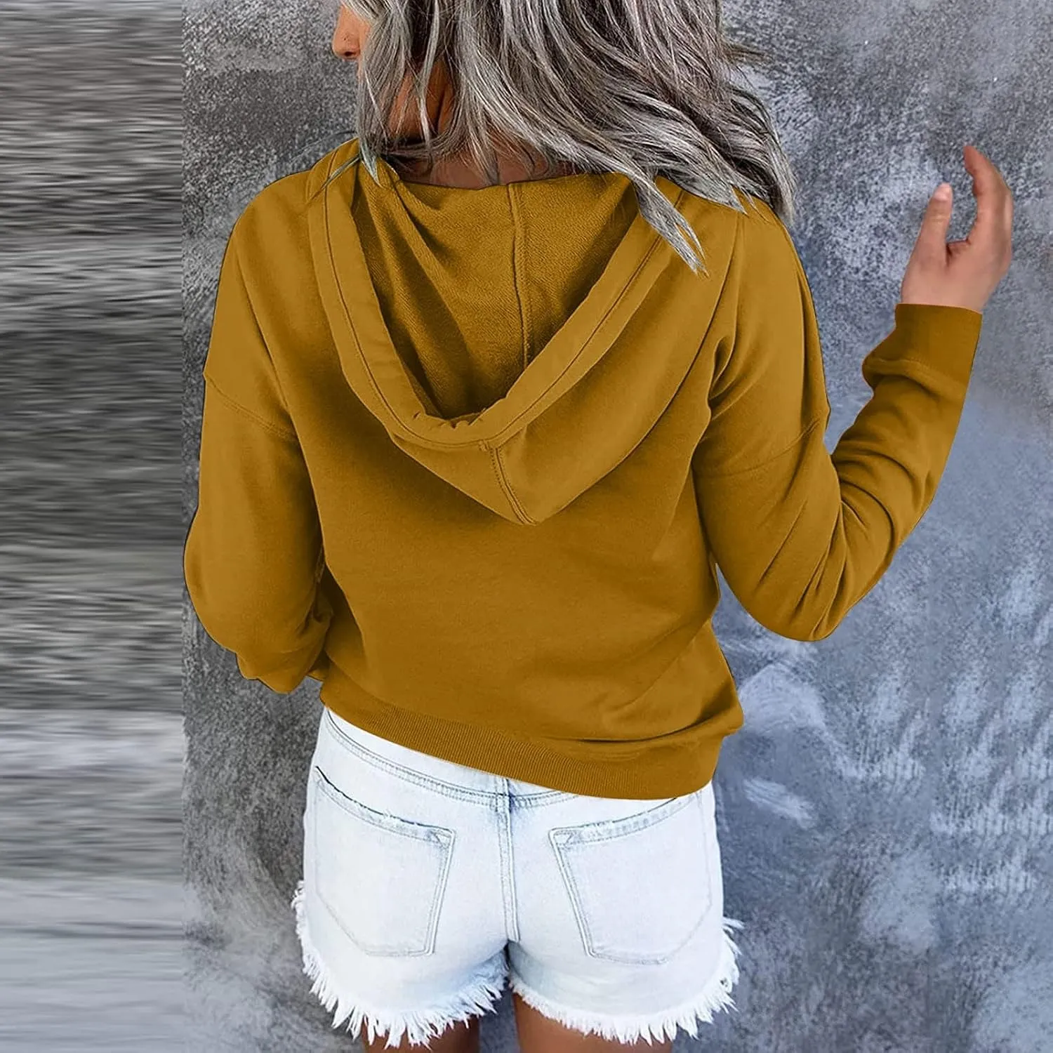 Womens Tops Long Sleeve Button V Neck Hoodies Dressy Casual Hooded Sweatshirt Loose Fit Party Shirts with Pockets