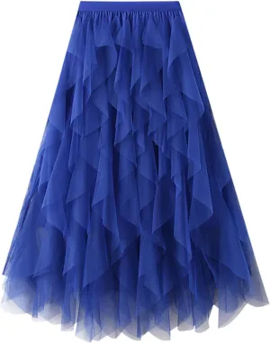 Womens Tulle Ruffle Midi Skirts Casual High Waisted A Line Tiered Tutu Pleated Fairy Skirt
