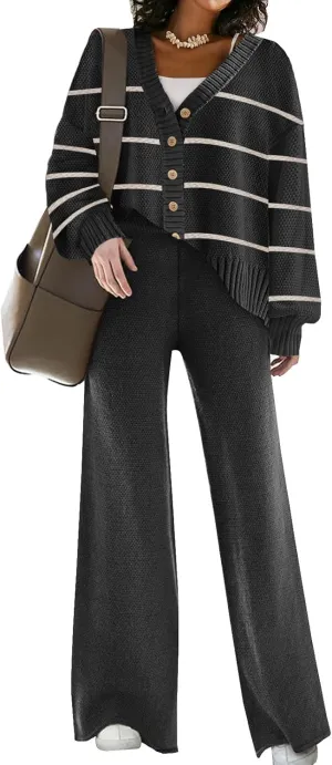 Womens Two Piece Outfits Sweater Sets Open Front Knit Cardigan and Wide Leg Pants Sweatsuit Lounge Sets