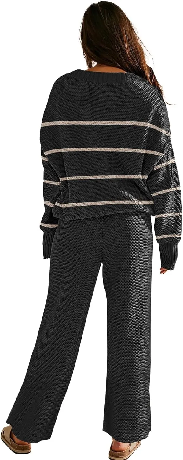 Womens Two Piece Outfits Sweater Sets Open Front Knit Cardigan and Wide Leg Pants Sweatsuit Lounge Sets