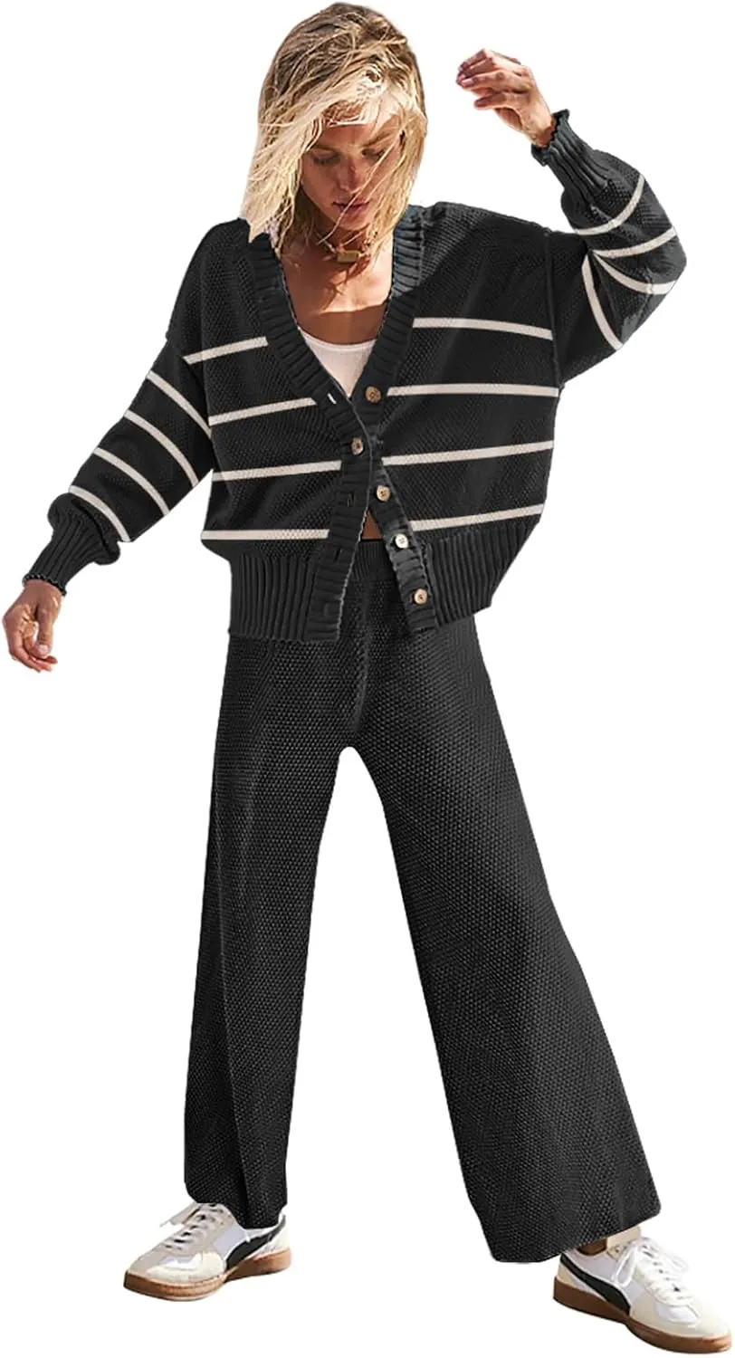 Womens Two Piece Outfits Sweater Sets Open Front Knit Cardigan and Wide Leg Pants Sweatsuit Lounge Sets
