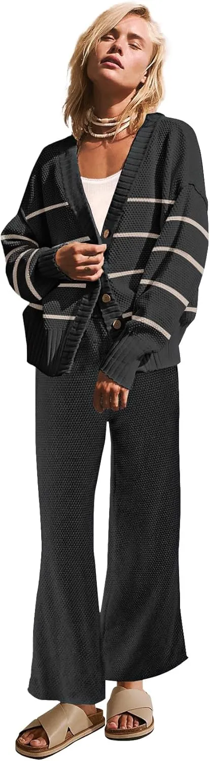 Womens Two Piece Outfits Sweater Sets Open Front Knit Cardigan and Wide Leg Pants Sweatsuit Lounge Sets
