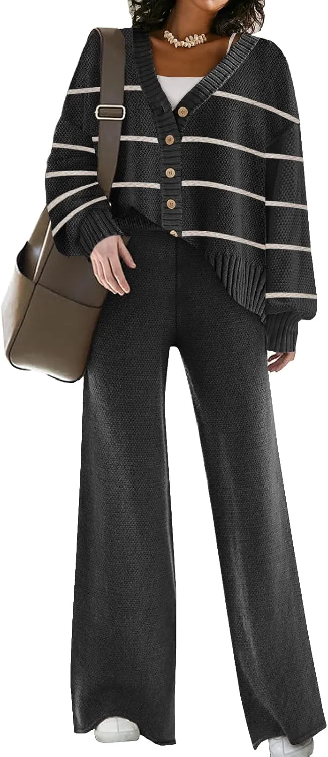 Womens Two Piece Outfits Sweater Sets Open Front Knit Cardigan and Wide Leg Pants Sweatsuit Lounge Sets