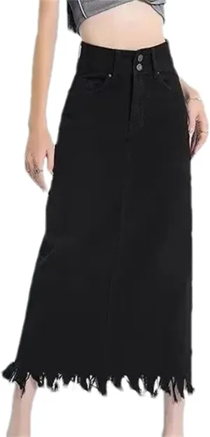 Women's Vintage Fringed Denim Skirt  High-Waisted Slimming Side Slit Medium-Length A-Line Summer Casual Skirt