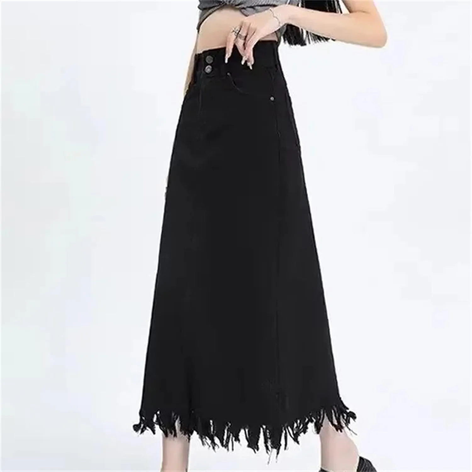 Women's Vintage Fringed Denim Skirt  High-Waisted Slimming Side Slit Medium-Length A-Line Summer Casual Skirt