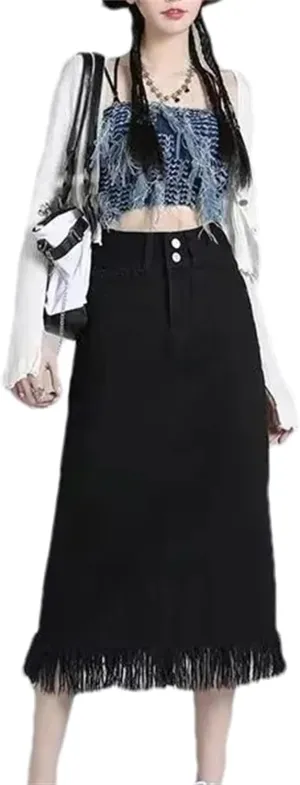 Women's Vintage Fringed Denim Skirt  High-Waisted Slimming Side Slit Medium-Length A-Line Summer Casual Skirt