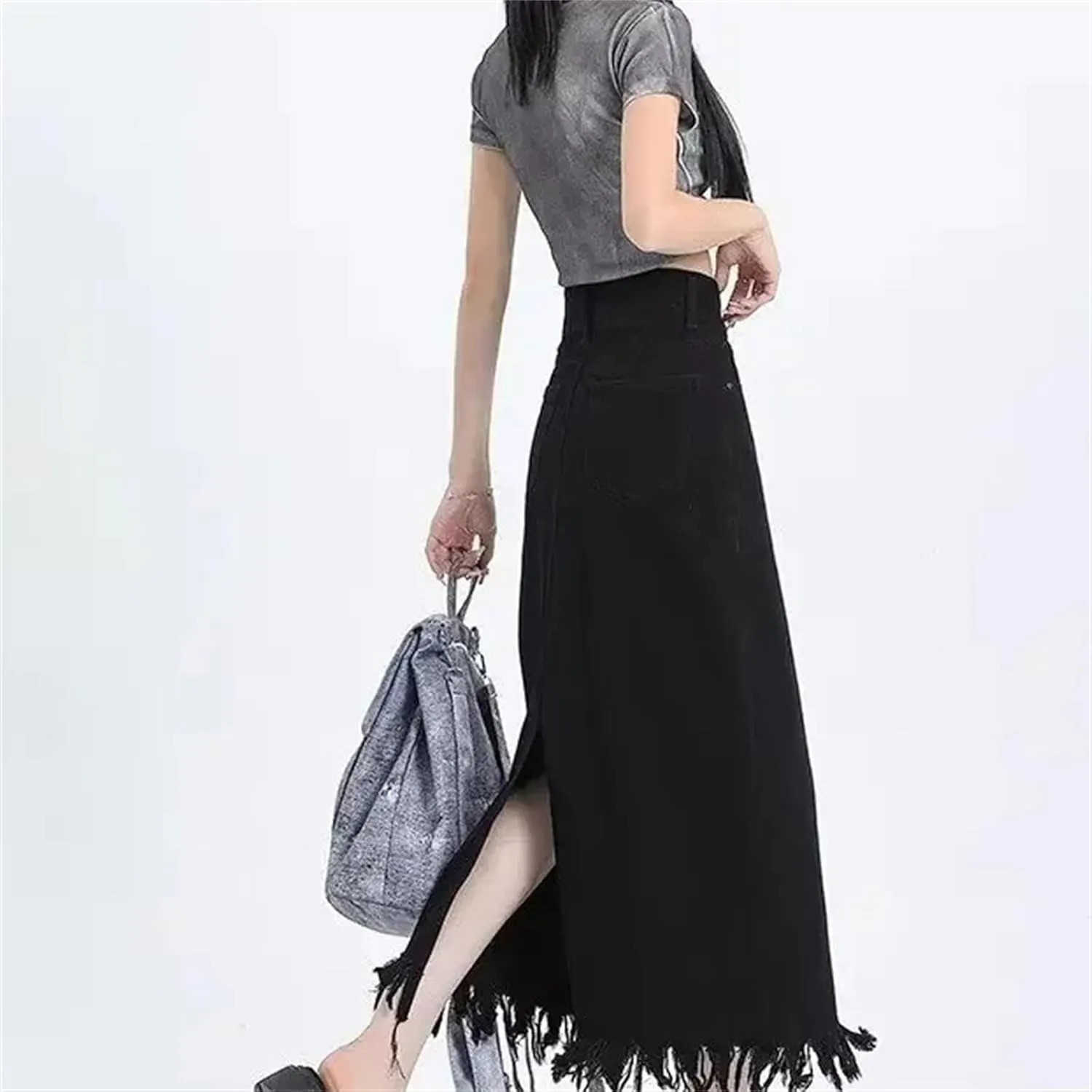 Women's Vintage Fringed Denim Skirt  High-Waisted Slimming Side Slit Medium-Length A-Line Summer Casual Skirt
