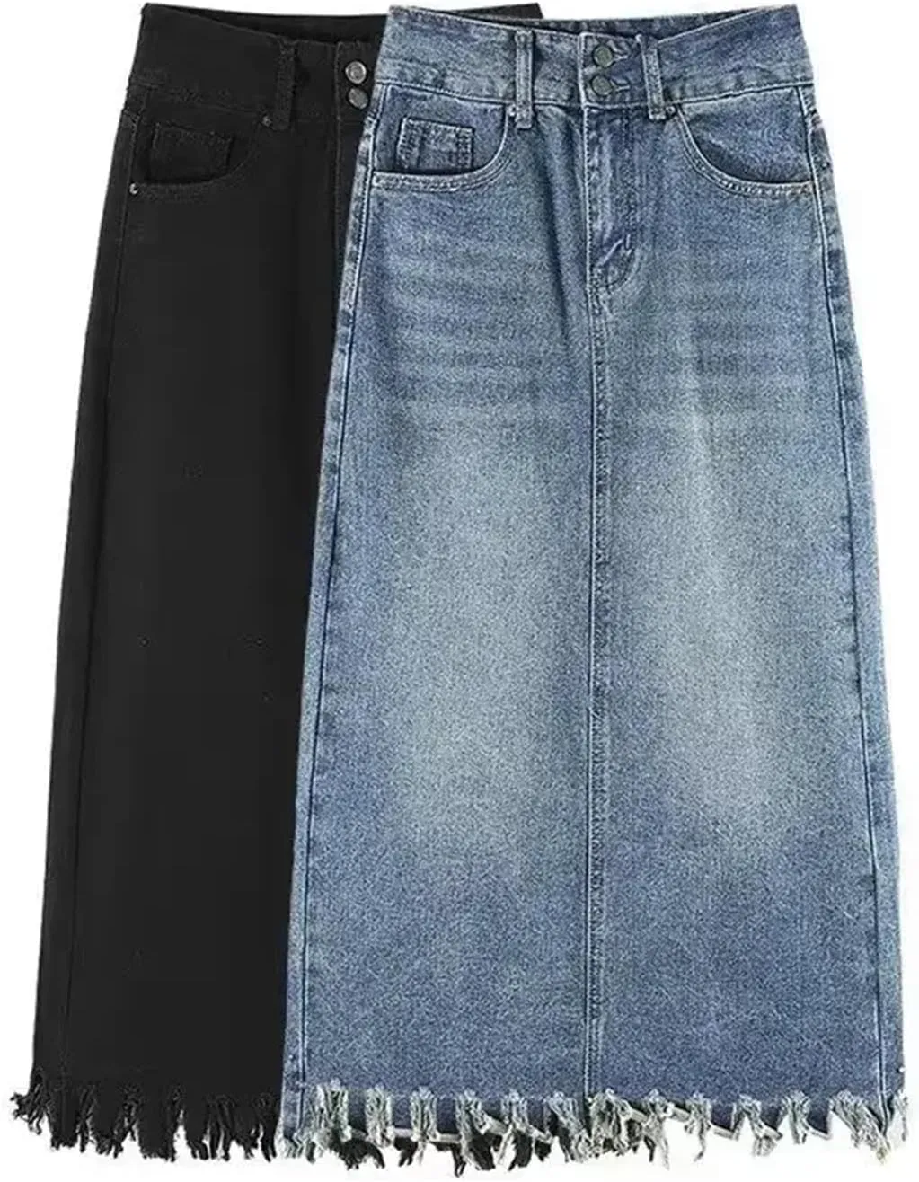 Women's Vintage Fringed Denim Skirt  High-Waisted Slimming Side Slit Medium-Length A-Line Summer Casual Skirt