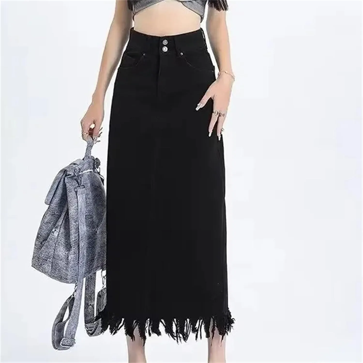 Women's Vintage Fringed Denim Skirt  High-Waisted Slimming Side Slit Medium-Length A-Line Summer Casual Skirt