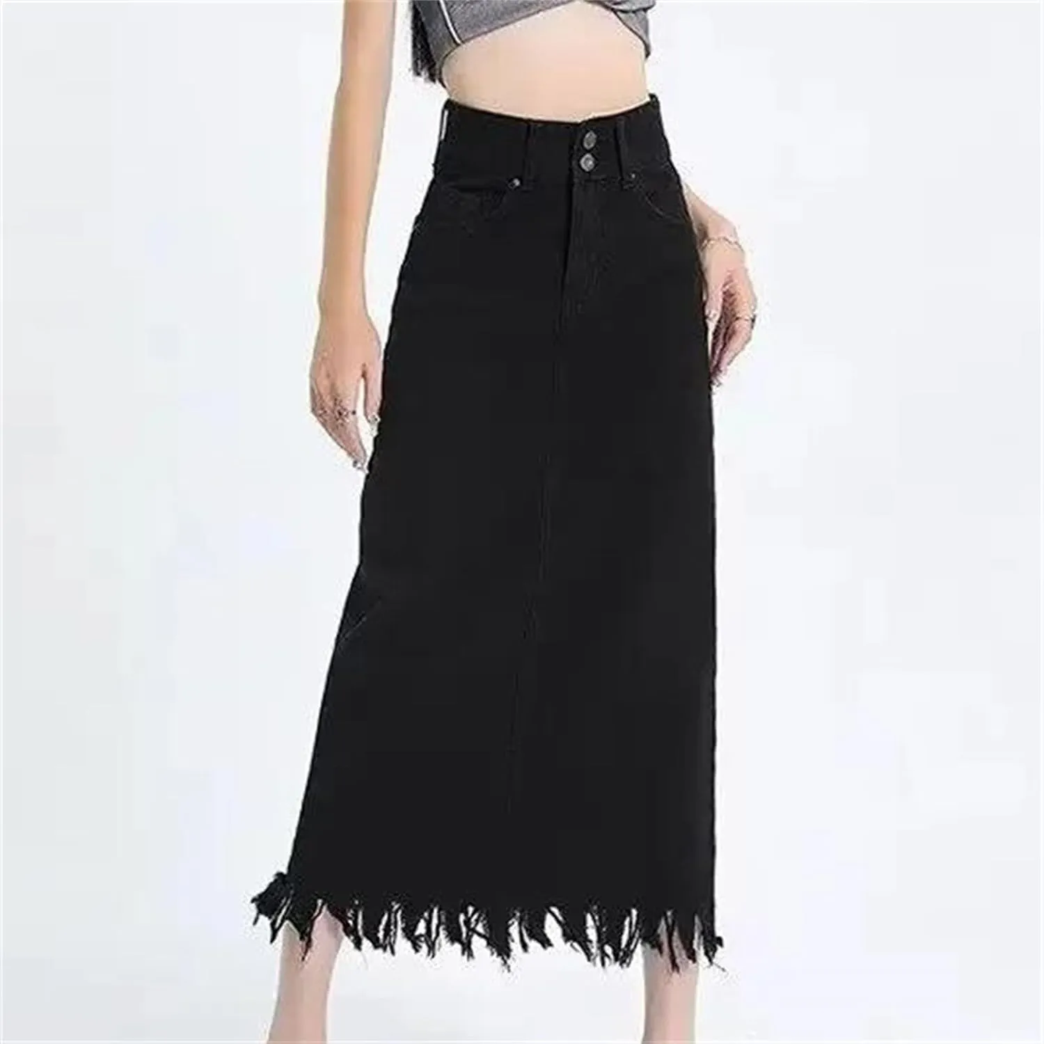 Women's Vintage Fringed Denim Skirt  High-Waisted Slimming Side Slit Medium-Length A-Line Summer Casual Skirt