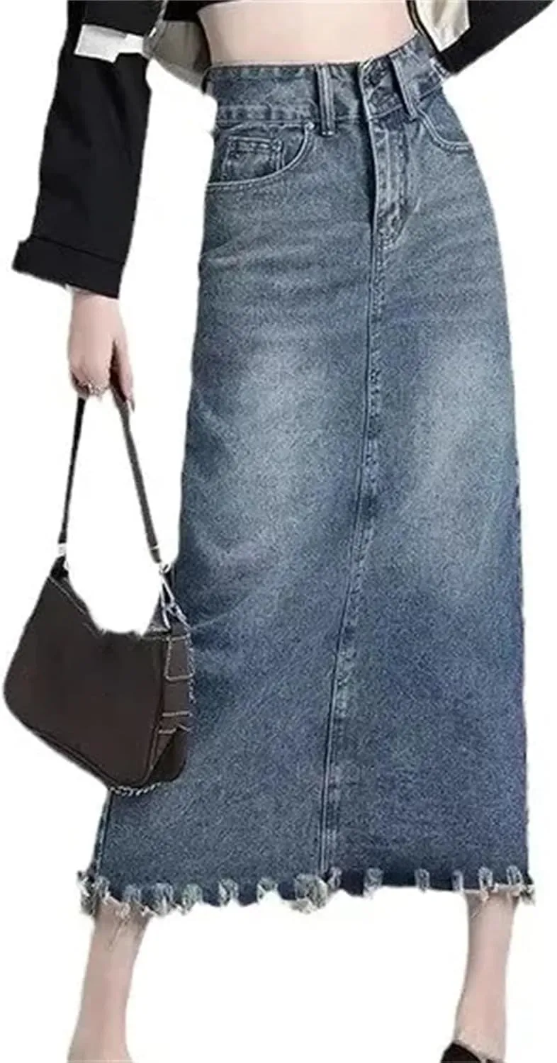 Women's Vintage Fringed Denim Skirt  High-Waisted Slimming Side Slit Medium-Length A-Line Summer Casual Skirt