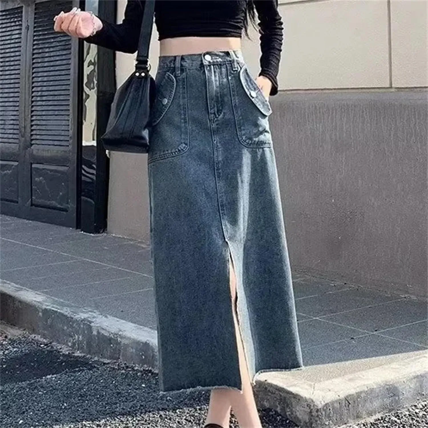 Women's Vintage Fringed Denim Skirt  Spring High-Waisted Loose-Fit Plus Size Casual Straight-Leg Split Skirt
