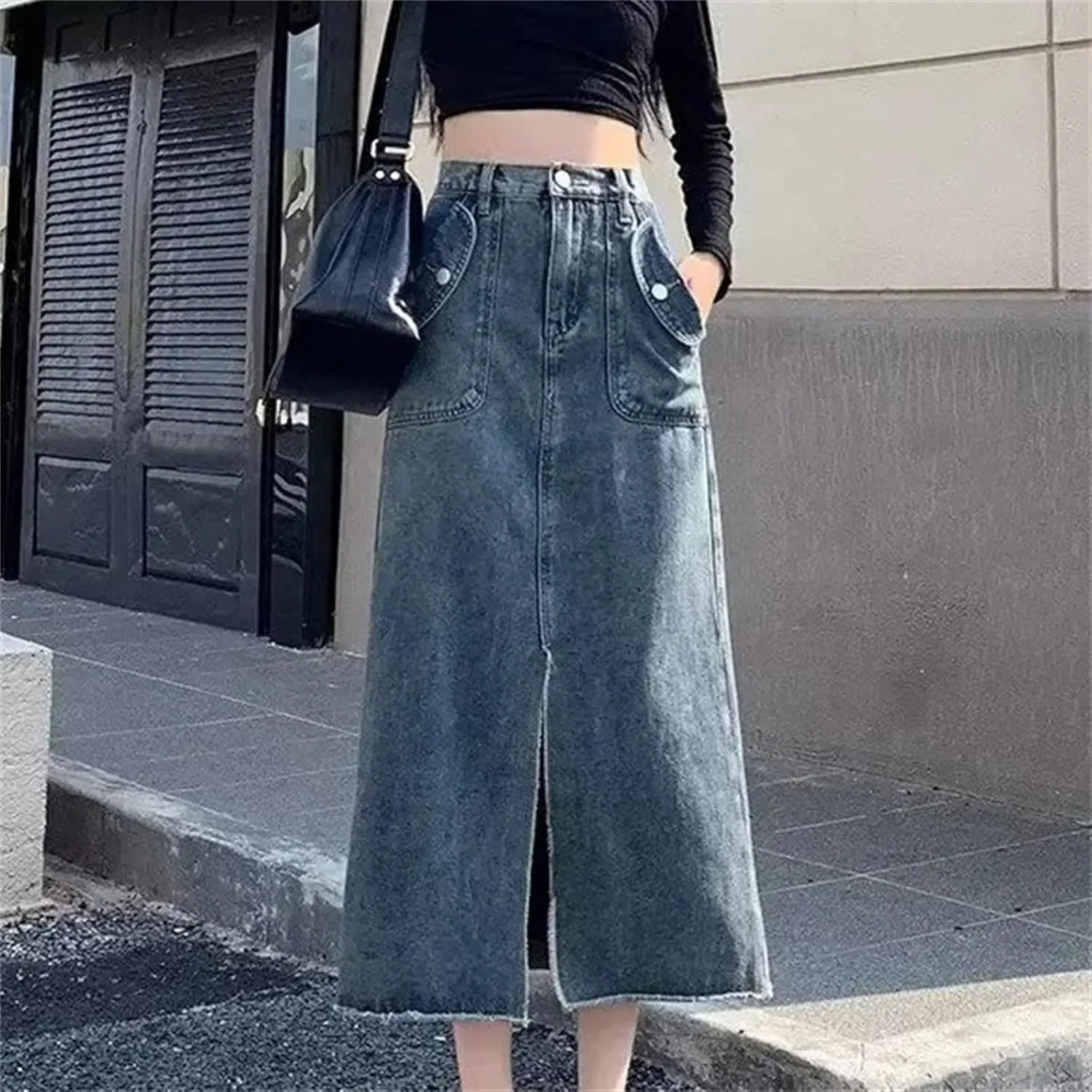 Women's Vintage Fringed Denim Skirt  Spring High-Waisted Loose-Fit Plus Size Casual Straight-Leg Split Skirt