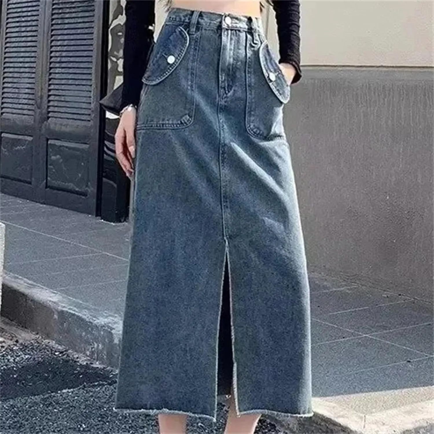 Women's Vintage Fringed Denim Skirt  Spring High-Waisted Loose-Fit Plus Size Casual Straight-Leg Split Skirt