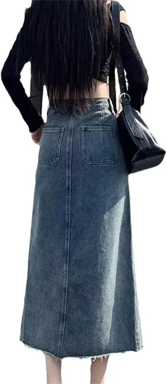 Women's Vintage Fringed Denim Skirt  Spring High-Waisted Loose-Fit Plus Size Casual Straight-Leg Split Skirt