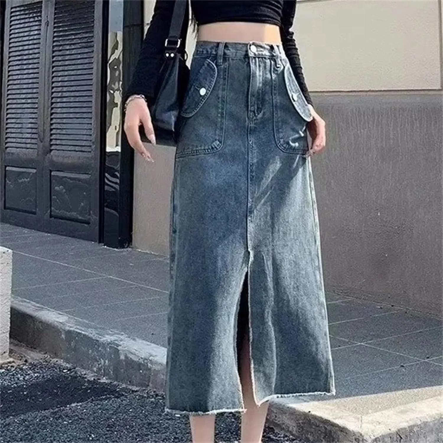 Women's Vintage Fringed Denim Skirt  Spring High-Waisted Loose-Fit Plus Size Casual Straight-Leg Split Skirt