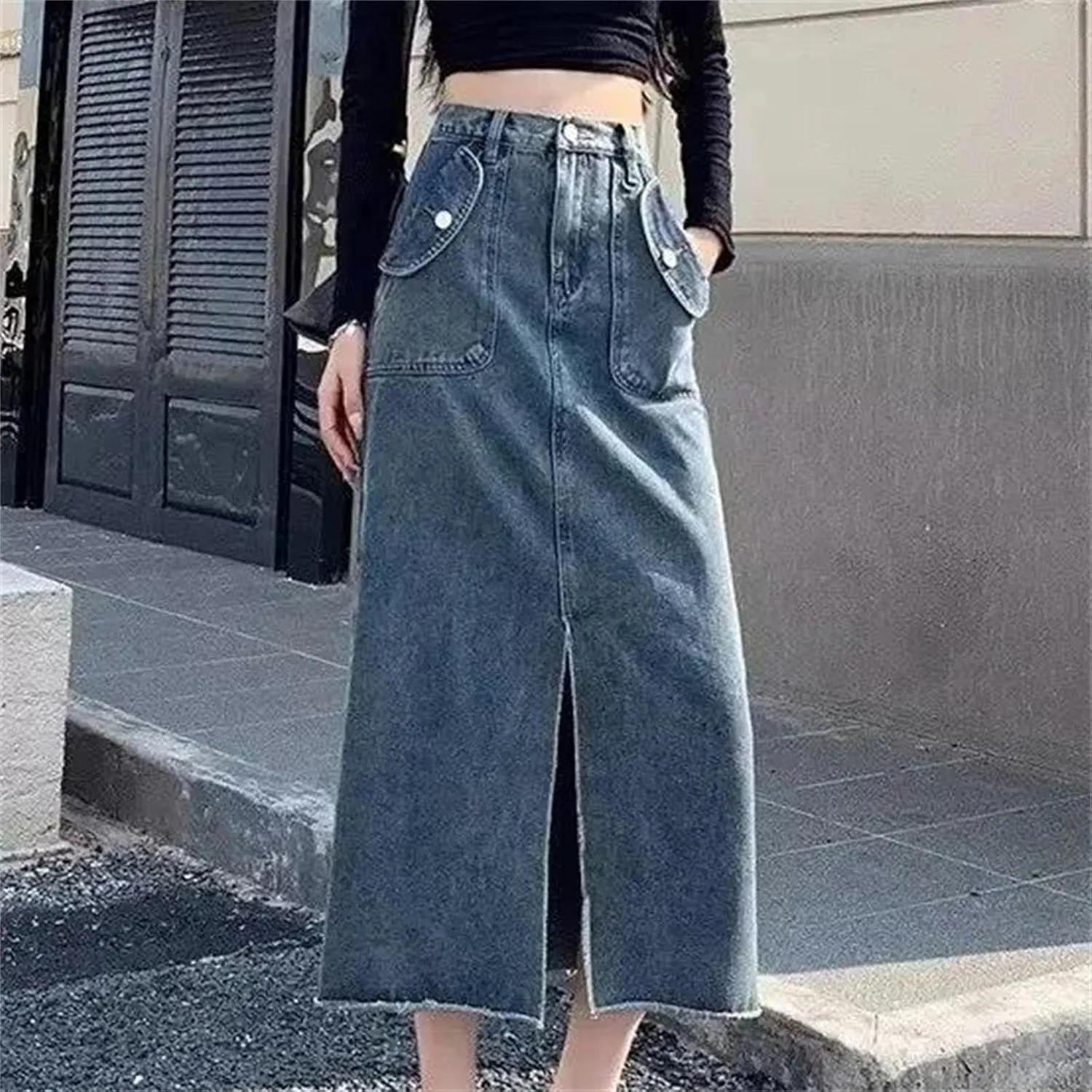 Women's Vintage Fringed Denim Skirt  Spring High-Waisted Loose-Fit Plus Size Casual Straight-Leg Split Skirt