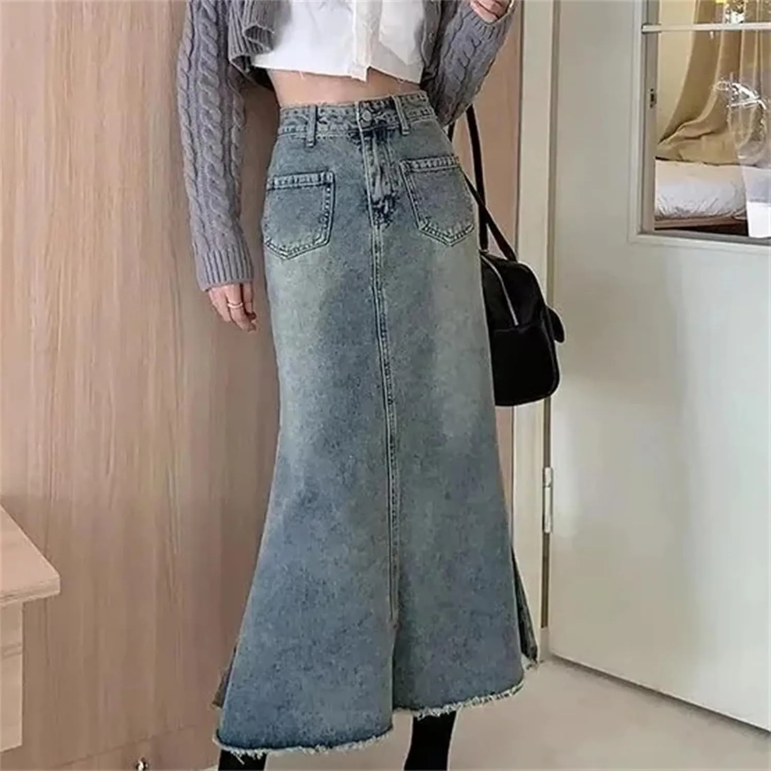 Women's Vintage High-Waisted Denim Skirt  Medium-Length A-Line Fish-Tail Trendy Spring Summer Washed Fringe Skirts