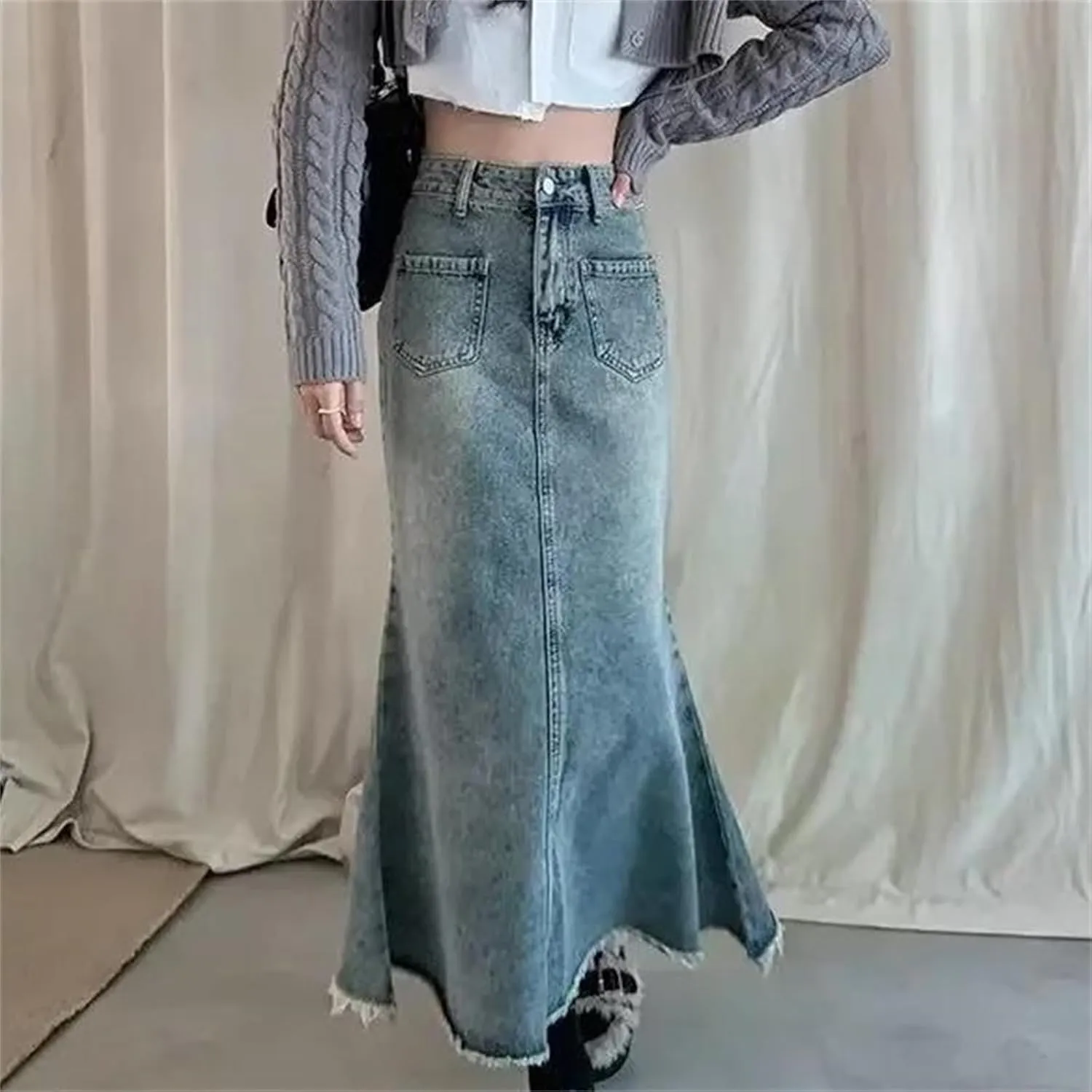 Women's Vintage High-Waisted Denim Skirt  Medium-Length A-Line Fish-Tail Trendy Spring Summer Washed Fringe Skirts