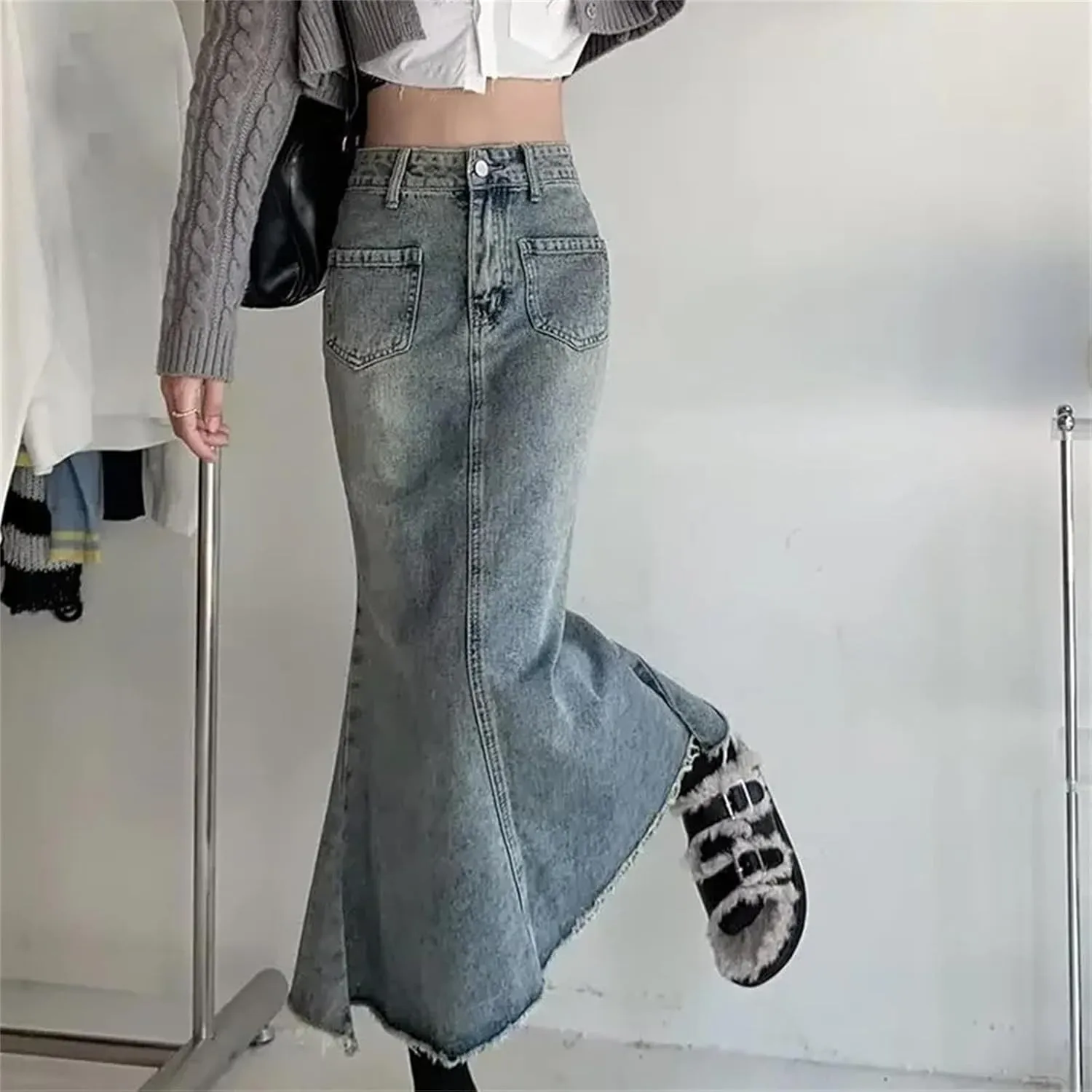 Women's Vintage High-Waisted Denim Skirt  Medium-Length A-Line Fish-Tail Trendy Spring Summer Washed Fringe Skirts