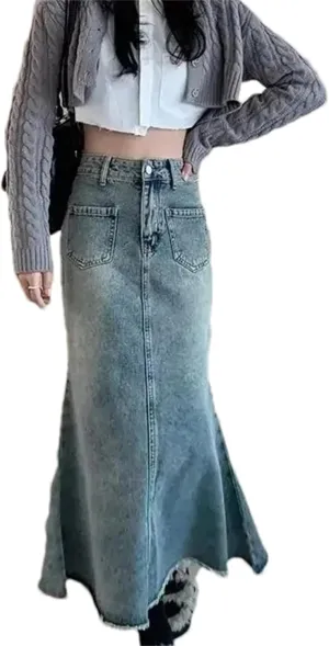 Women's Vintage High-Waisted Denim Skirt  Medium-Length A-Line Fish-Tail Trendy Spring Summer Washed Fringe Skirts