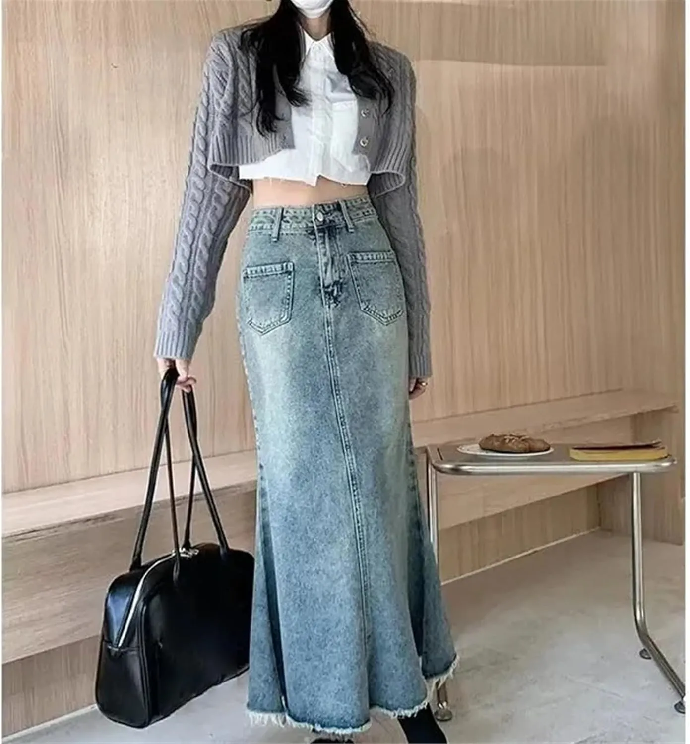 Women's Vintage High-Waisted Denim Skirt  Medium-Length A-Line Fish-Tail Trendy Spring Summer Washed Fringe Skirts