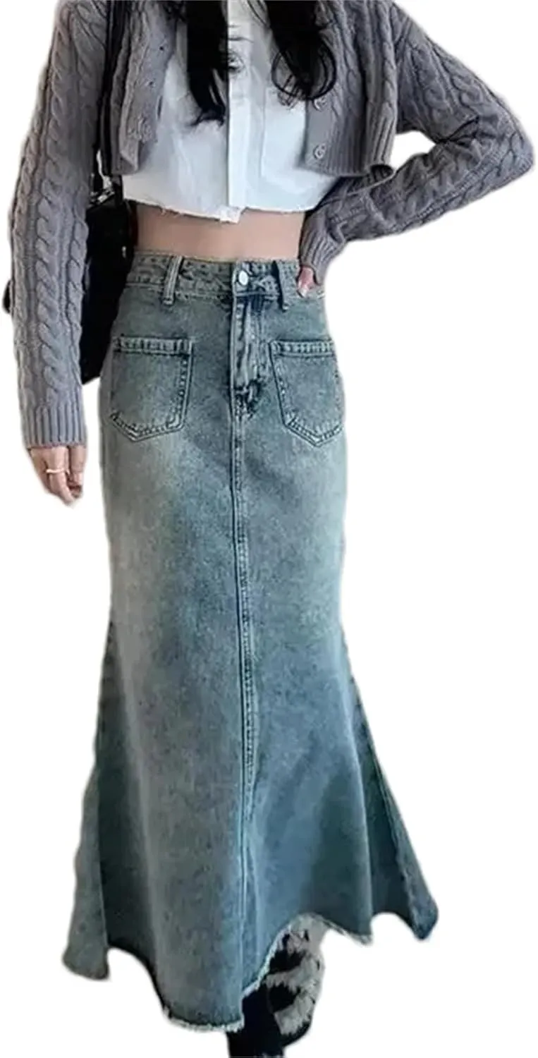 Women's Vintage High-Waisted Denim Skirt  Medium-Length A-Line Fish-Tail Trendy Spring Summer Washed Fringe Skirts