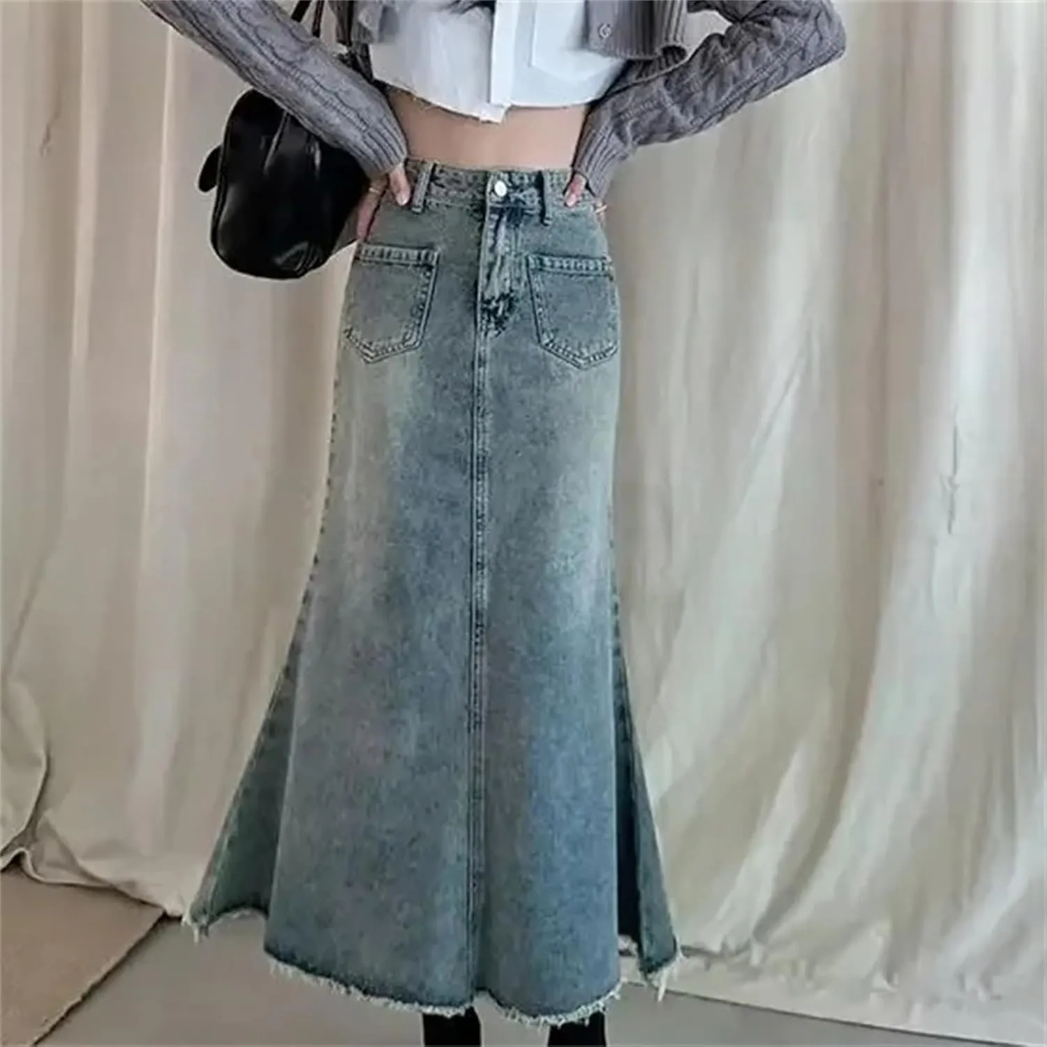 Women's Vintage High-Waisted Denim Skirt  Medium-Length A-Line Fish-Tail Trendy Spring Summer Washed Fringe Skirts