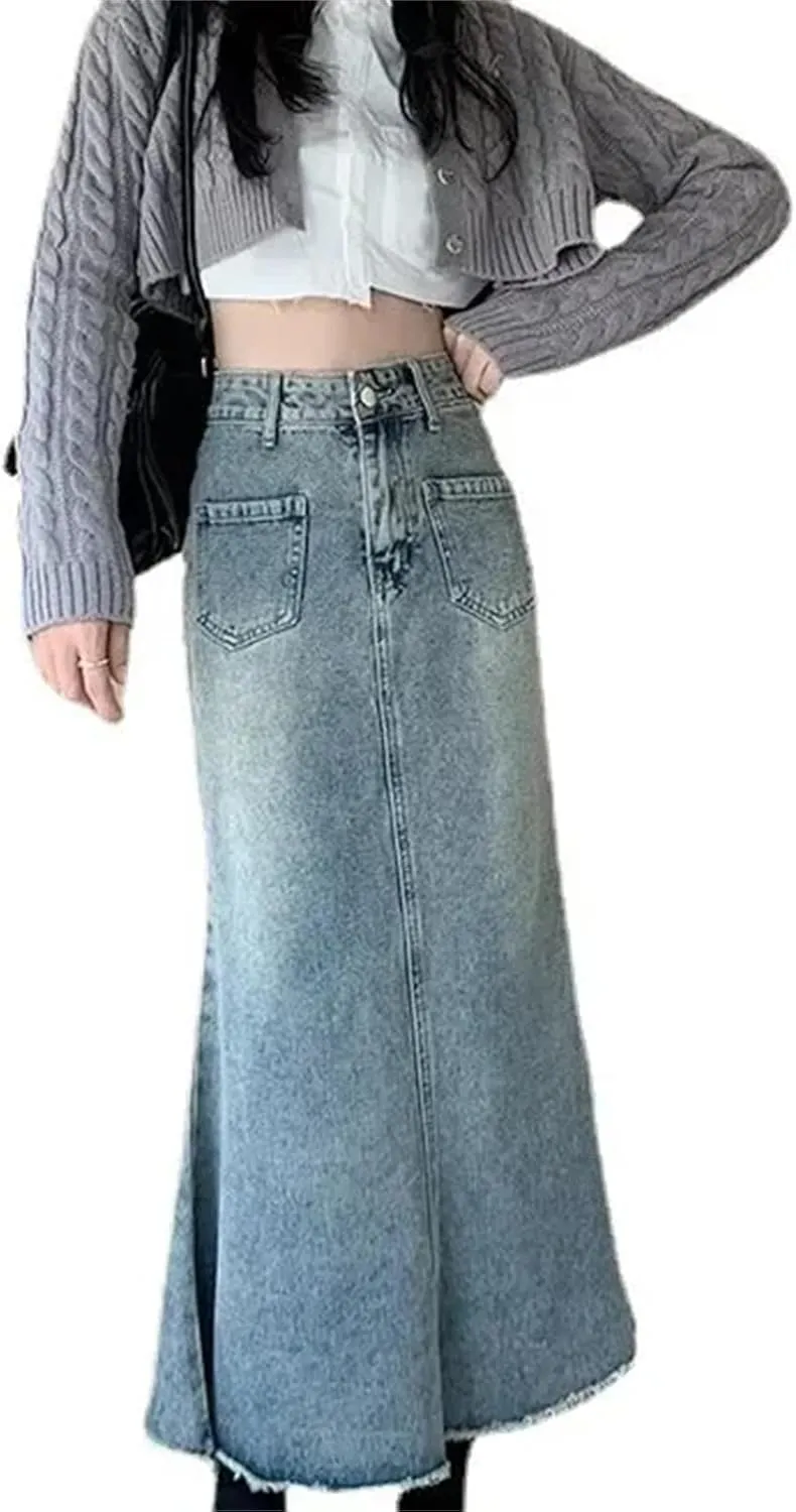 Women's Vintage High-Waisted Denim Skirt  Medium-Length A-Line Fish-Tail Trendy Spring Summer Washed Fringe Skirts