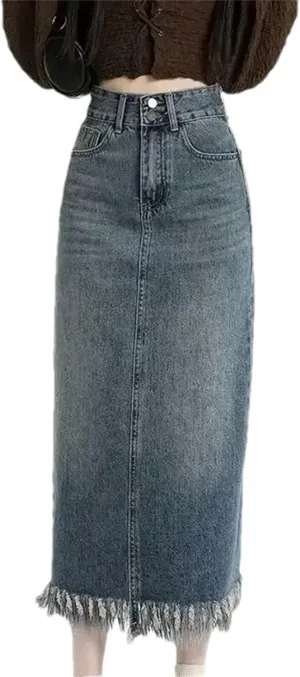 Women's Vintage High-Waisted Fringed Denim Skirt  Slimming Petite Fit Side Slit Trendy A-Line Summer Casual Skirt